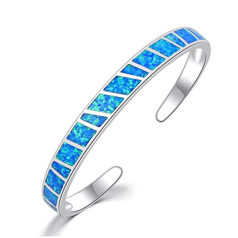 CiNily Womens Large Cuff Bracelet-Blue Opal Bangle Bracelets White Gold Plated Hypoallergenic Ladies Gemstone Big Birthstone Bracelet - Image 1